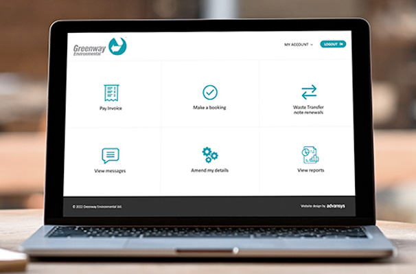 Customer Portal Dashboard, featuring large navigation tiles for actions like paying invoices, making bookings, and viewing messages