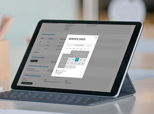 Booking Interface on a B2B Customer Portal with a calendar popup for selecting a service date.